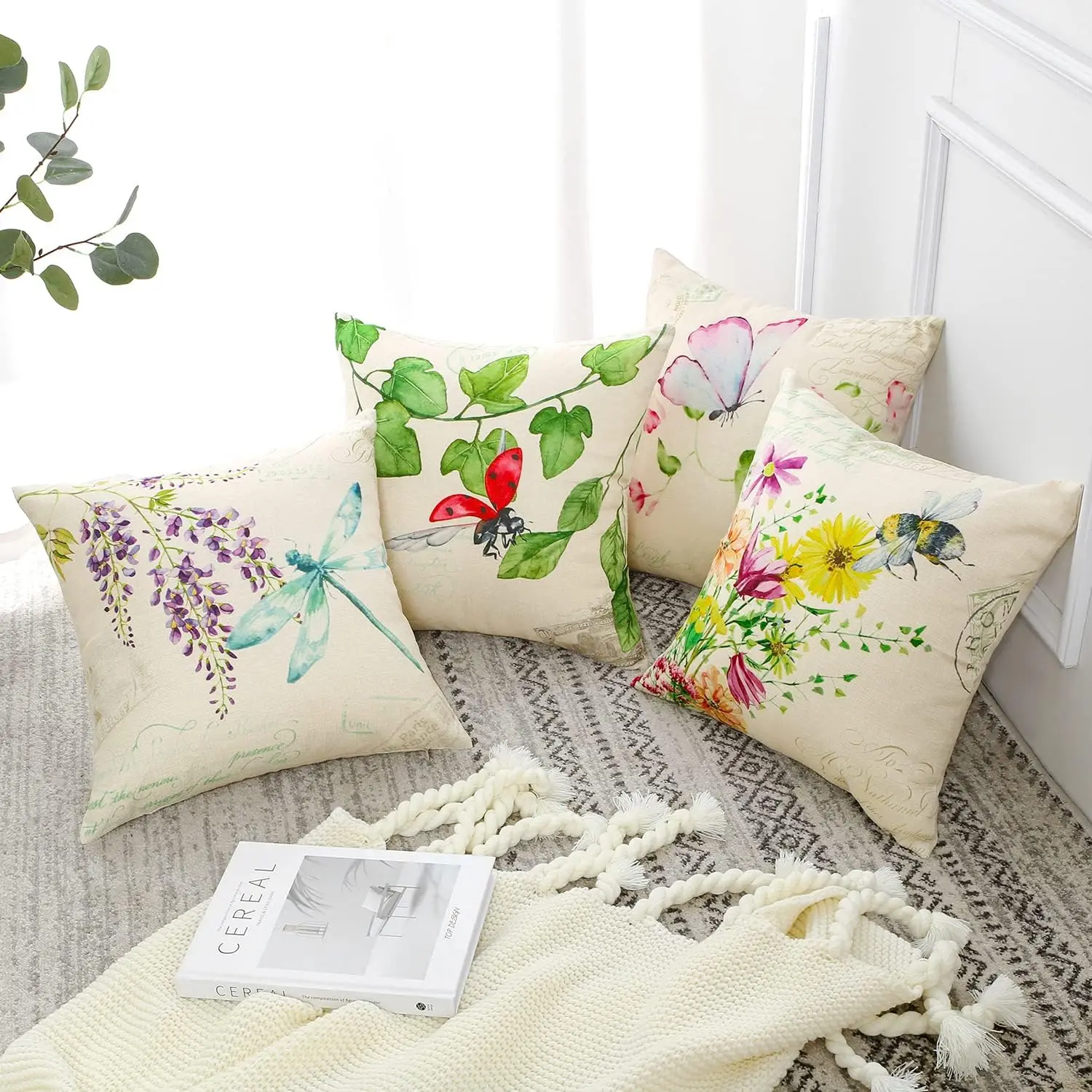 

Autumn Pillow Cover Flower Plant Insect Pattern Decoration Cushion Cover Outdoor Garden Sofa Farm Decoration 45x45cm