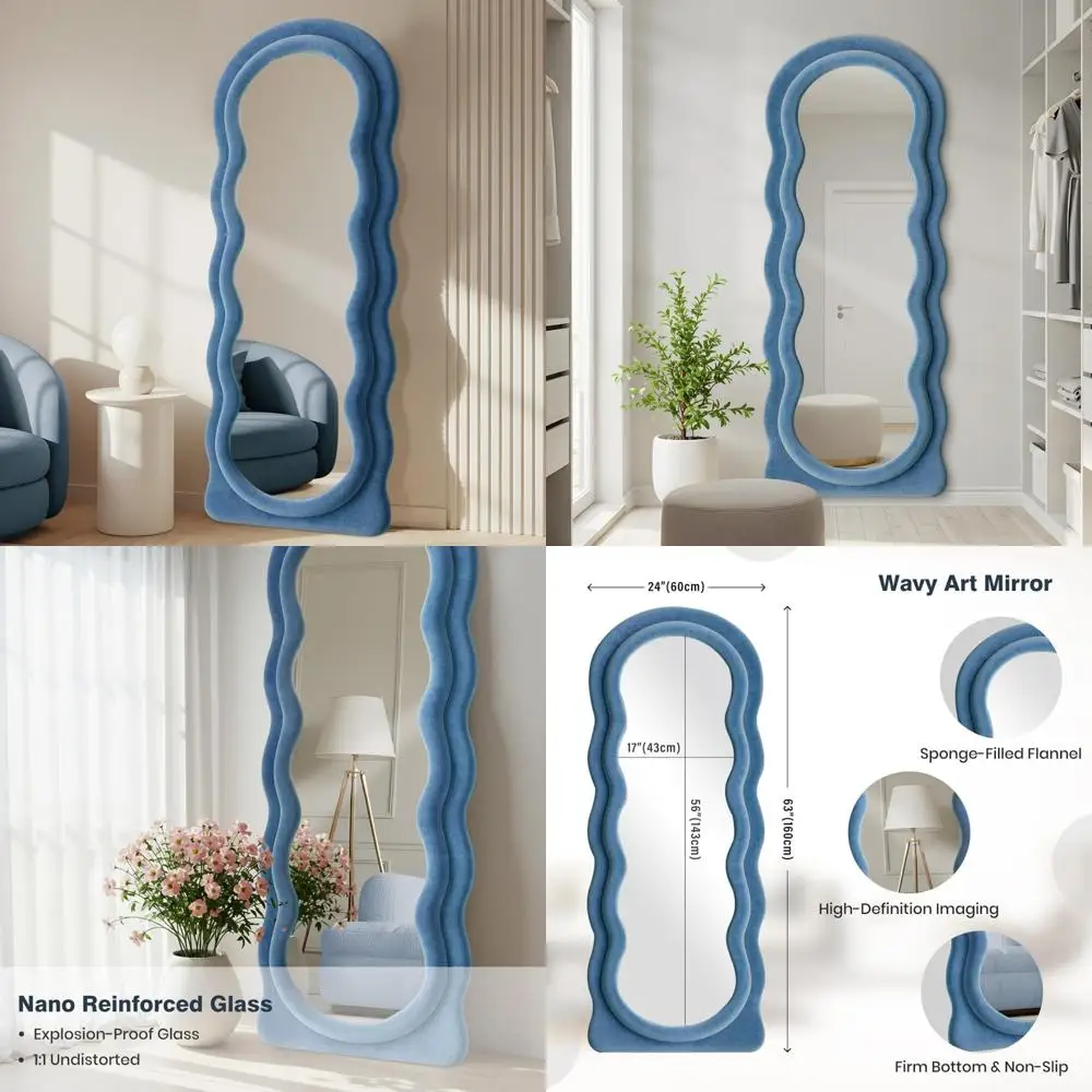 아치형 물결 모양 전신 벽걸이형 거울, 63x24 블루 플란넬 프레임, 스탠드 포함, 기대어 놓는 벽걸이형 거울 옵션