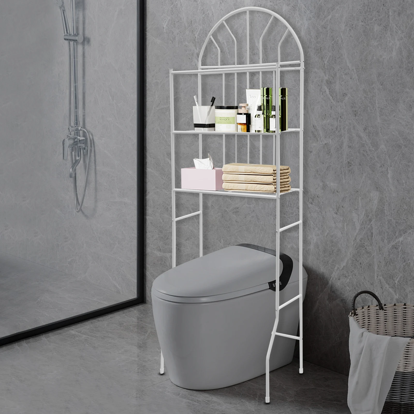 Three-Tier Over-The-Toilet Storage Shelf Floor Standing 63x34x177cm with 25kg Load Capacity Bathroom Organization Rack