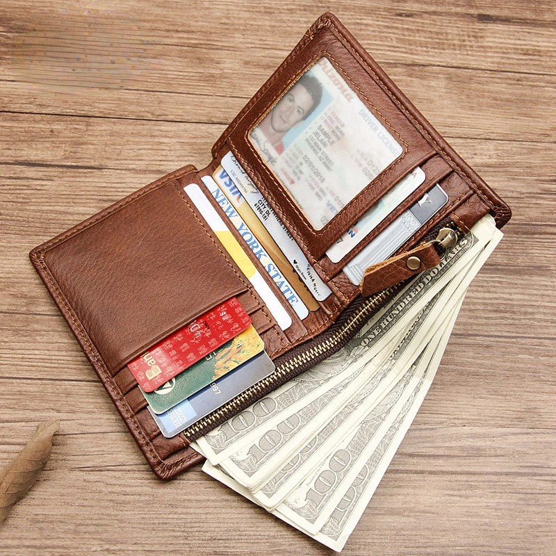 Genuine Leather Men Wallet Card Holder Casual Short Wallets Slim Bifold Business Zipper Coin Purse Male High Quality Money Bag