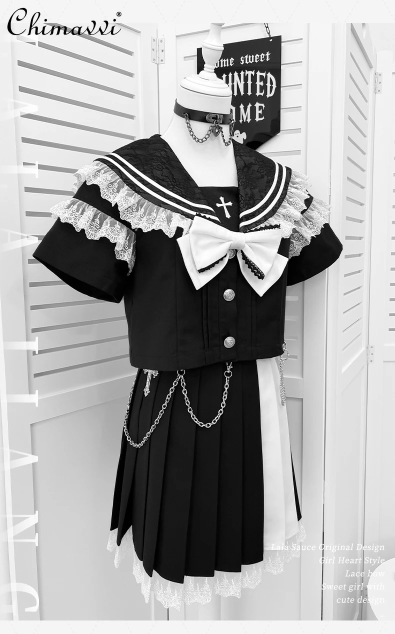 

Original Design Dark Gothic Style Black and White Subculture Top + Skirt Two-Piece Set 2025 Autumn New JK Women's Outfit