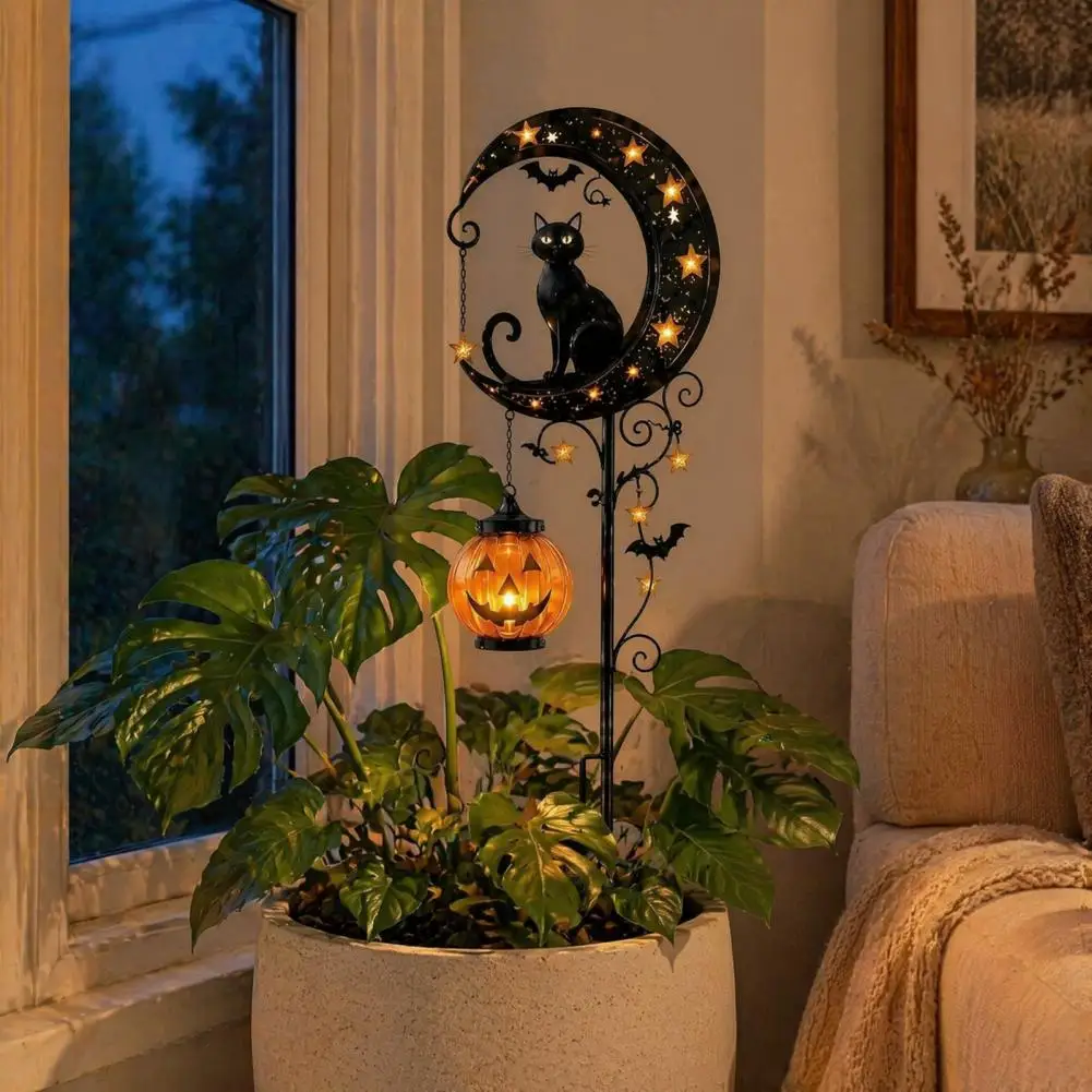 Decorative Lawn Stakes for Halloween Halloween Solar Garden Stake Lights Black Cat Pumpkin Moon Outdoor Decorations Waterproof