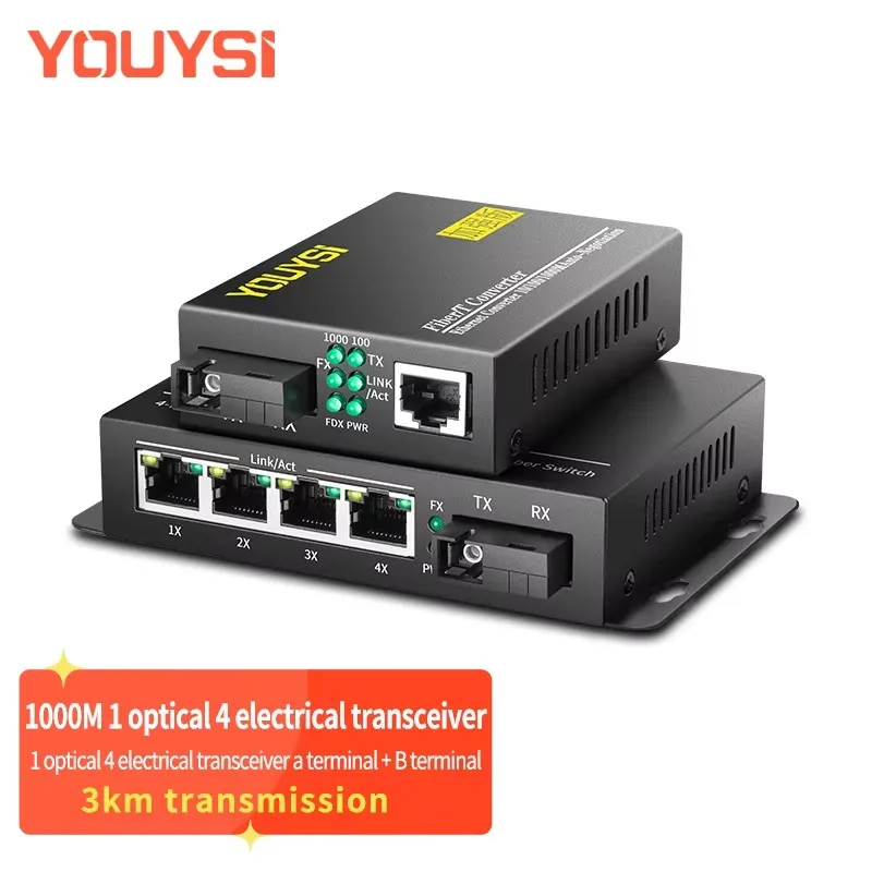 

YOUYSI 10/100/1000M 1SC/4GE POE Media Converter 3KM Single-Mode Single Fiber Optical Transceiver SC