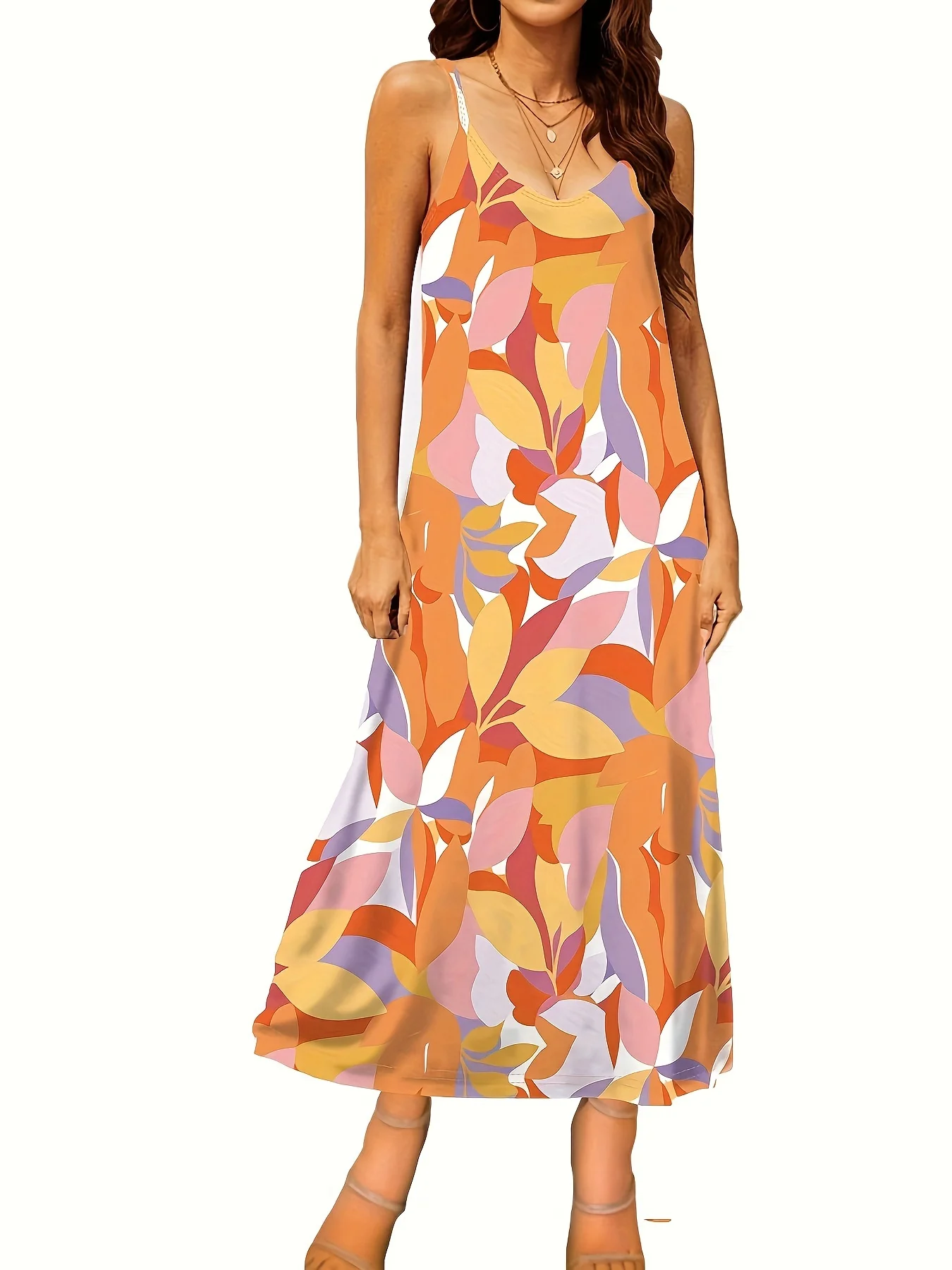 Women's Spaghetti Strap Maxi Dress Colorful Floral Print Boho Summer Beach Casual Sundress