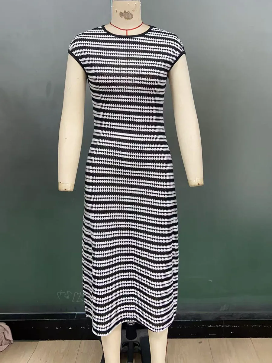 Vestido tejido de otoño e invierno para mujer, Vestido holgado a rayas con colores contrastantes, Vestido sin mangas de cintura alta con cuello en V