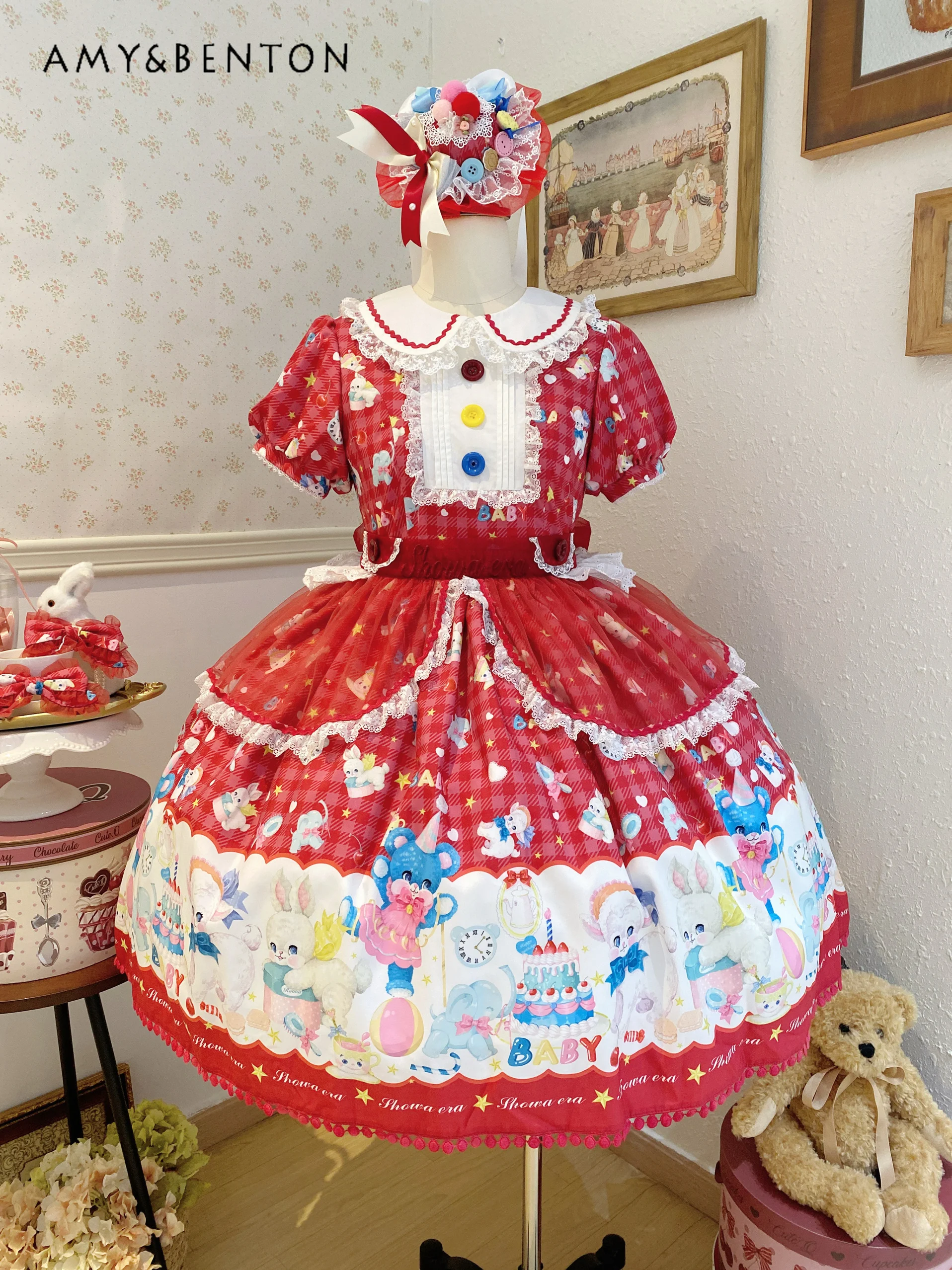 Cartoon Print Kawaii Lolita Kleid Geburtstagskleid für Frauen Mädchen Stil Spitze Puppenkragen Puffärmel Schlanke Puffy Abendkleider