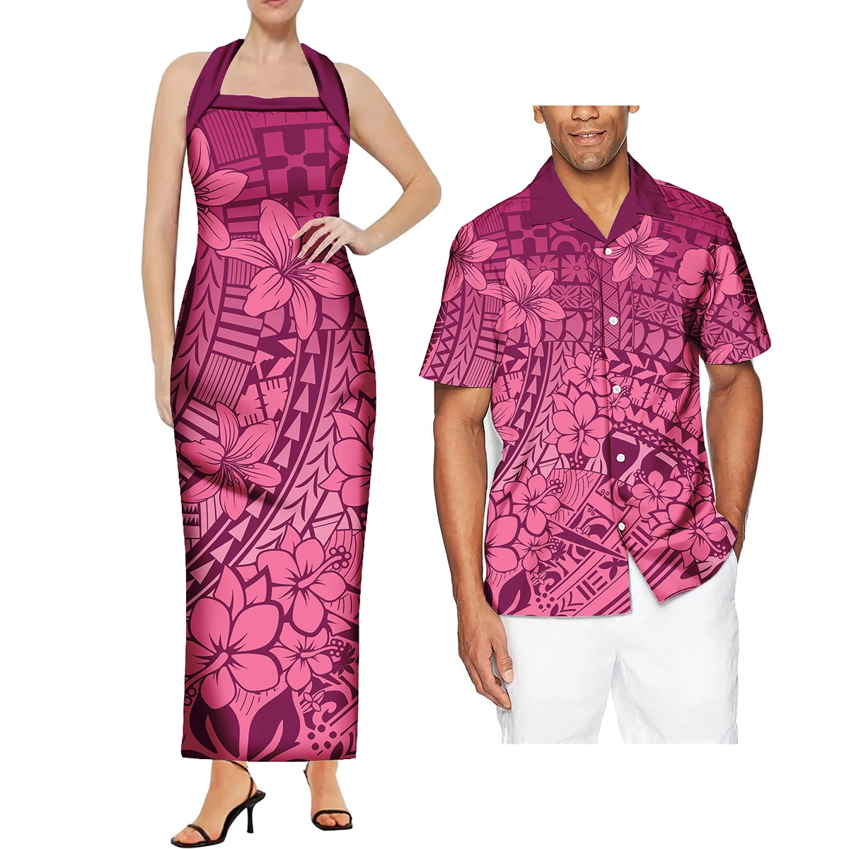 Conjunto de 2 piezas con estampado Hawaiano para hombre, camisa de talla grande con diseño Tribal polinesiano, ropa de pareja para fiesta nocturna