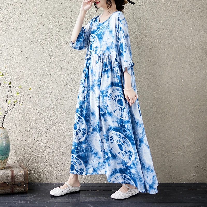 Loose Bohemian Style Cotton Summer Dress for Middle-Aged Women Short Sleeve round Neck Women's Dress Comfortable A-Line Skirt 2