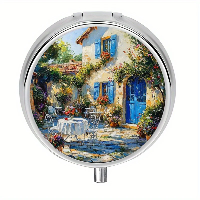 1 pill box with 3 compartments, featuring a romantic French town scene, mini pill box, medication storage box, perfect for travel and storing vitamins