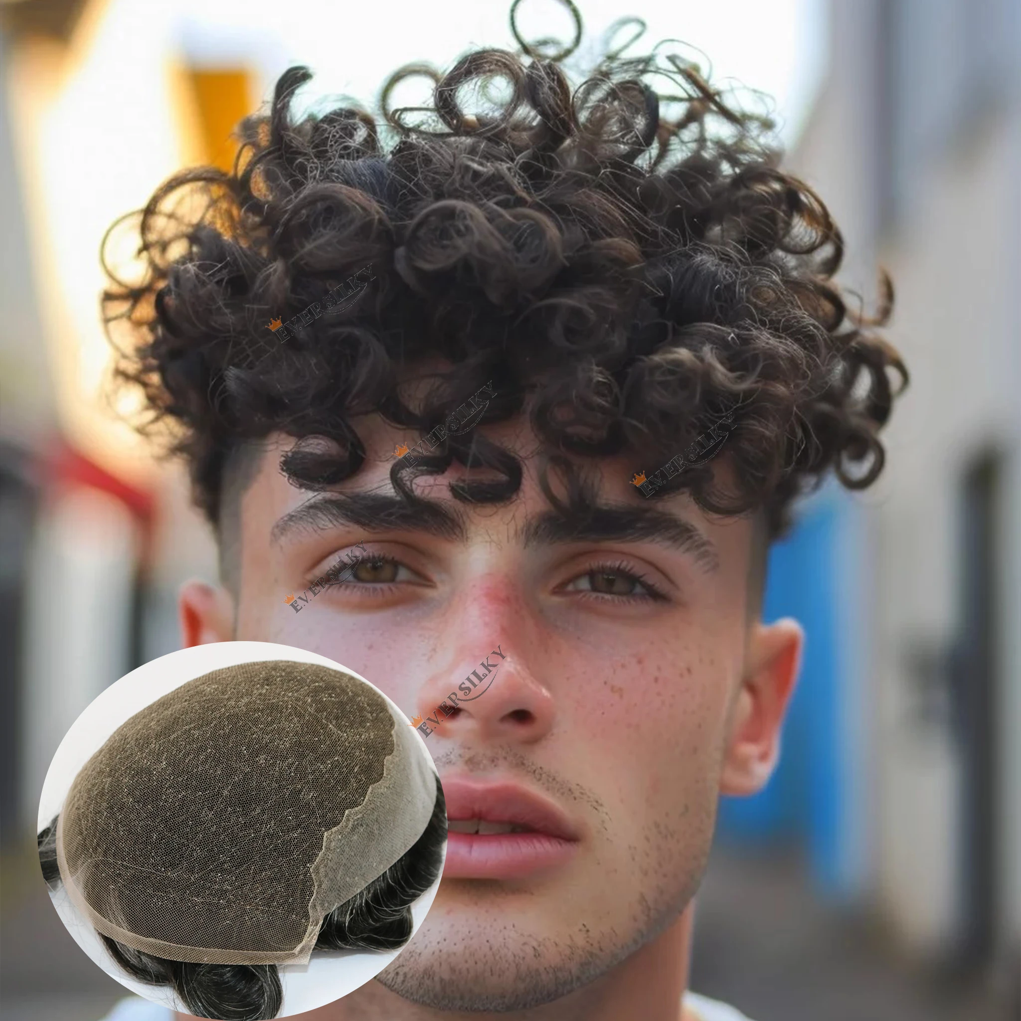 Natürlich gebleichte Knoten, Q6 Grau, Herren-Toupet, atmungsaktiv, 15 mm, lockiges Echthaar, Schweizer Spitze & ultradünne PU-Herren-Haarteilprothese – Detail 1
