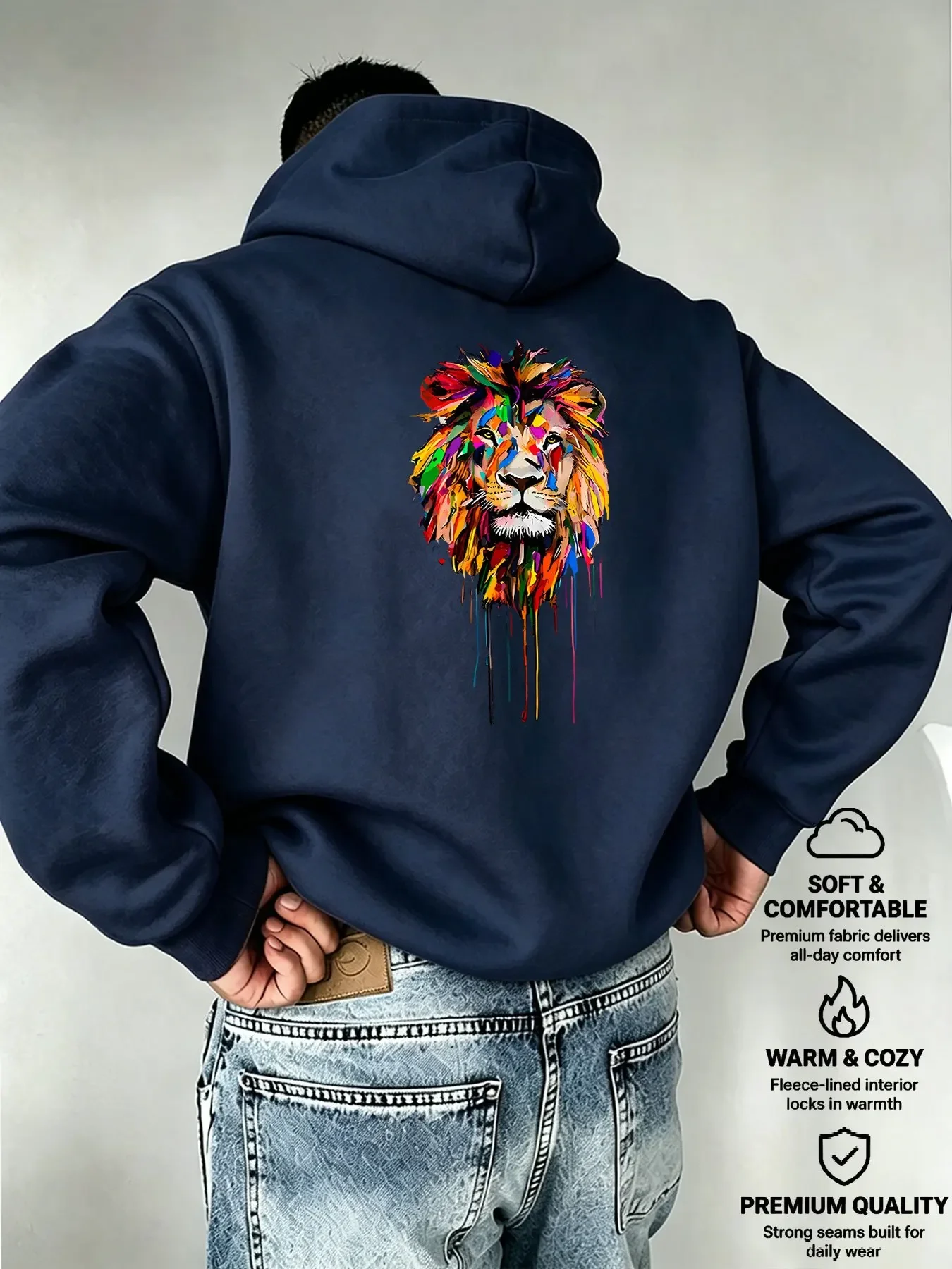 Men Color Splash Lion Graphic Hoodie Art Painting Back Print Hooded Sweatshirt Loose Streetwear Pullover Autumn Winter Fleece