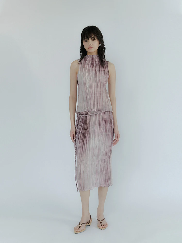 

Roderic Wong Floral Print Pleated Belted Top Skirt Set Summer 2025 Polyester Fiber Regular Length Casual Women's Wear