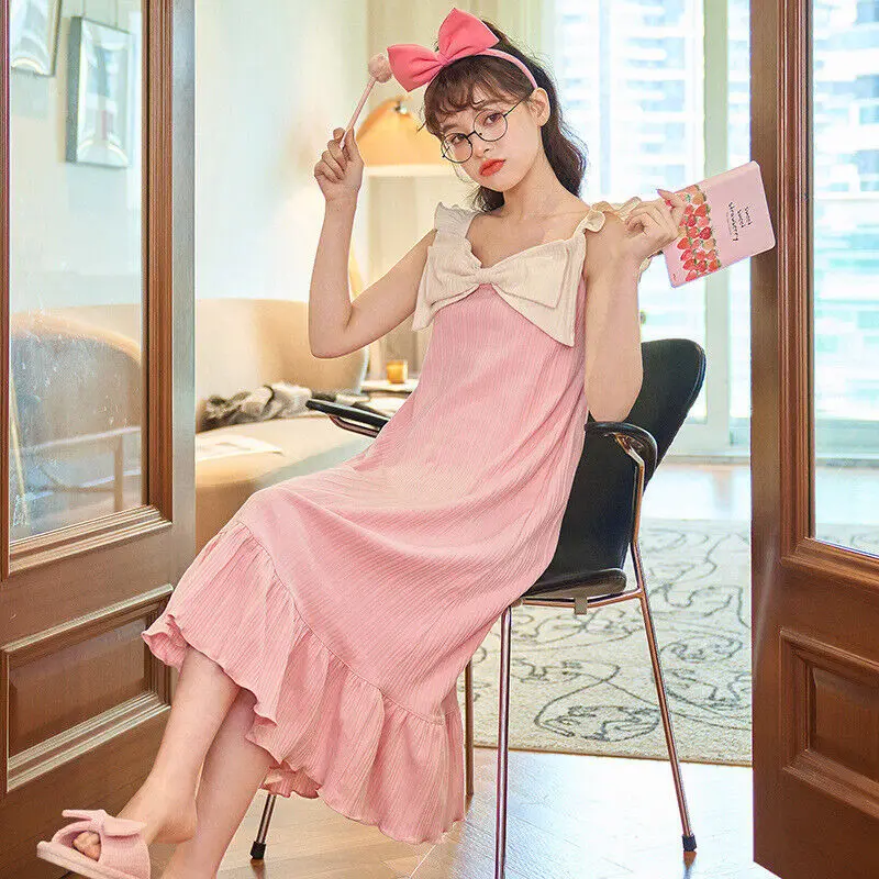 

Kupokasi Women Summer Pajamas Cotton Sling Long Pajamas Cute Cartoon Ladies Home Dress