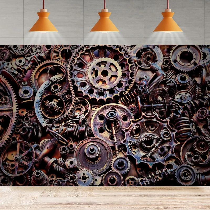 Retro Photography Backdrop Mechanical Metal Rusted Gear Industrial Background Rusty Steam Machine Nostalgia Party Decor Poster