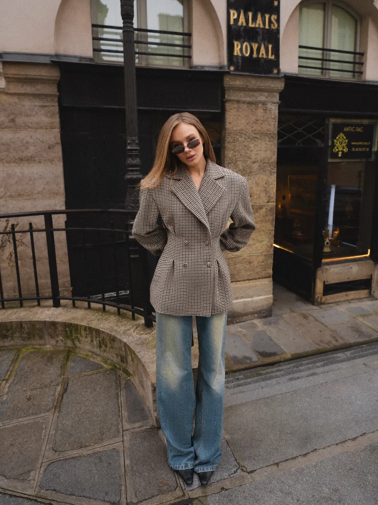 Blazer imprimé à carreaux vintage pour femmes, veste élégante, double boutonnage, poches, manteau rétro, taille haute, Streetwear, 2025