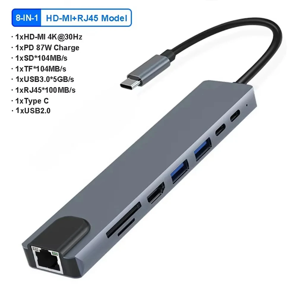 KEBIDUMEI 11-Port USB-C HUB Dockingstation RJ45-Adapter zu HDMI-kompatibel 4K VGA SD/TF-Karte 3,5MM AUX für PC Laptop Splitter