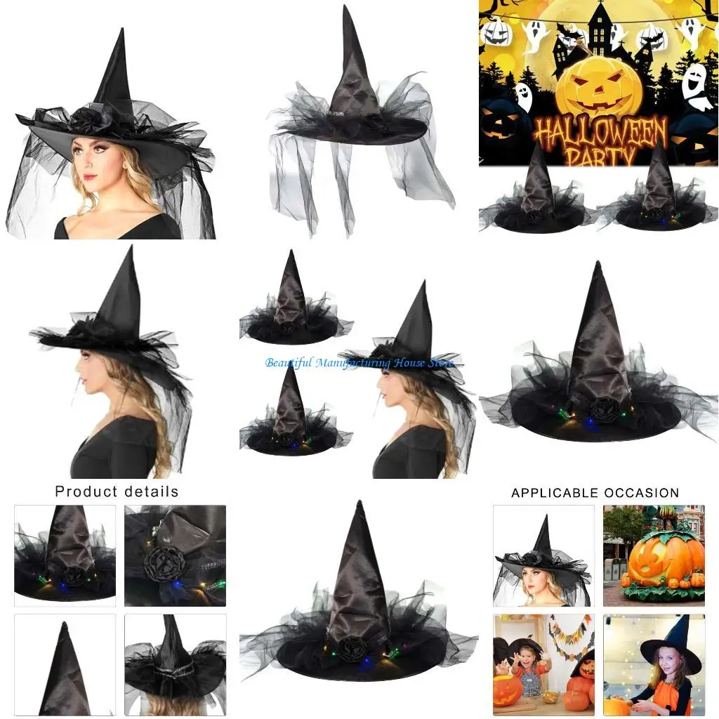 

E56A Adult LED Witch Hat Roleplay Wizard Hat Cosplay Party Headwear Halloween Costume Cloche Hat Carnivals Party Pointed Hat