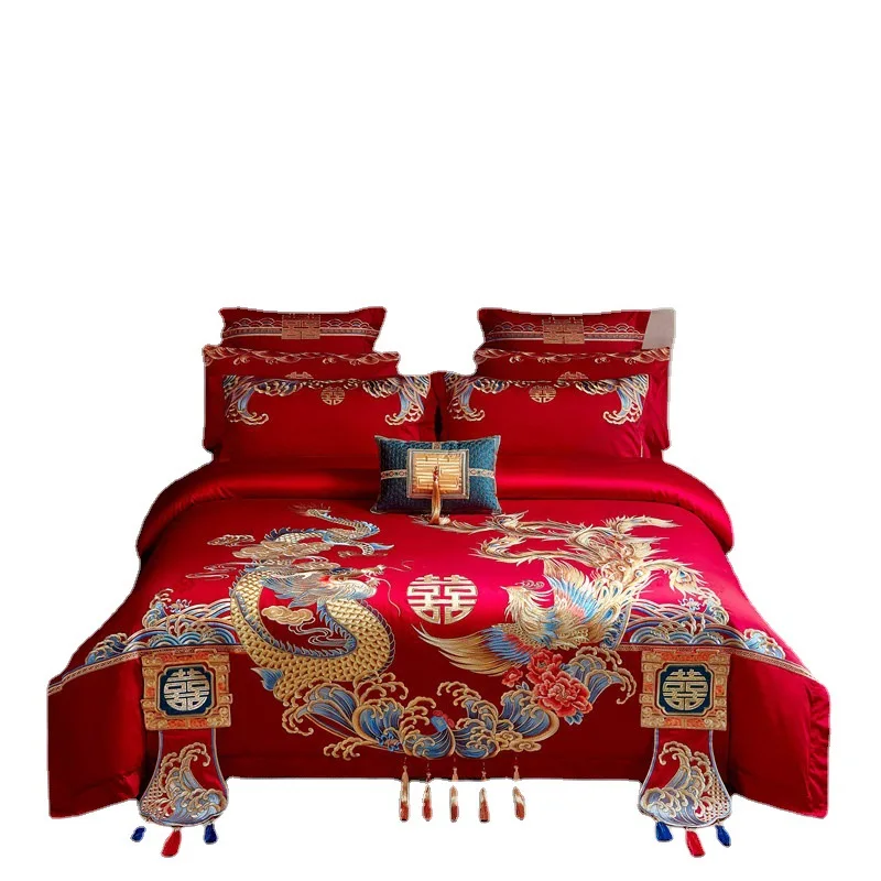 

High End 160 Thread Long Staple Cotton Embroidery Four Piece Set, Chinese Style Embroidery Big Red Bedding Six Piece Set