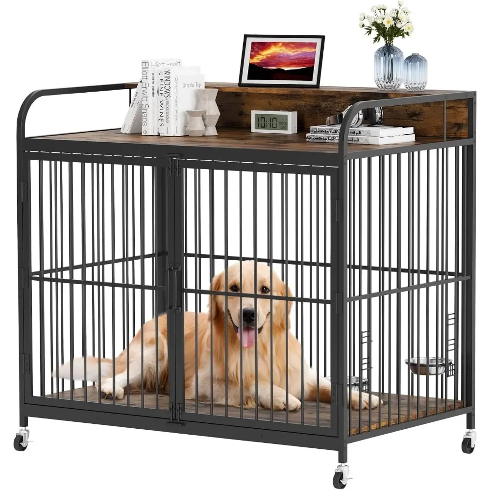 

Wooden Dog Cage Furniture, 2-in-1 Indoor Dog House with 360 ° Rotating Feeder, Indoor Decoration Pet Cage, Dog Cage
