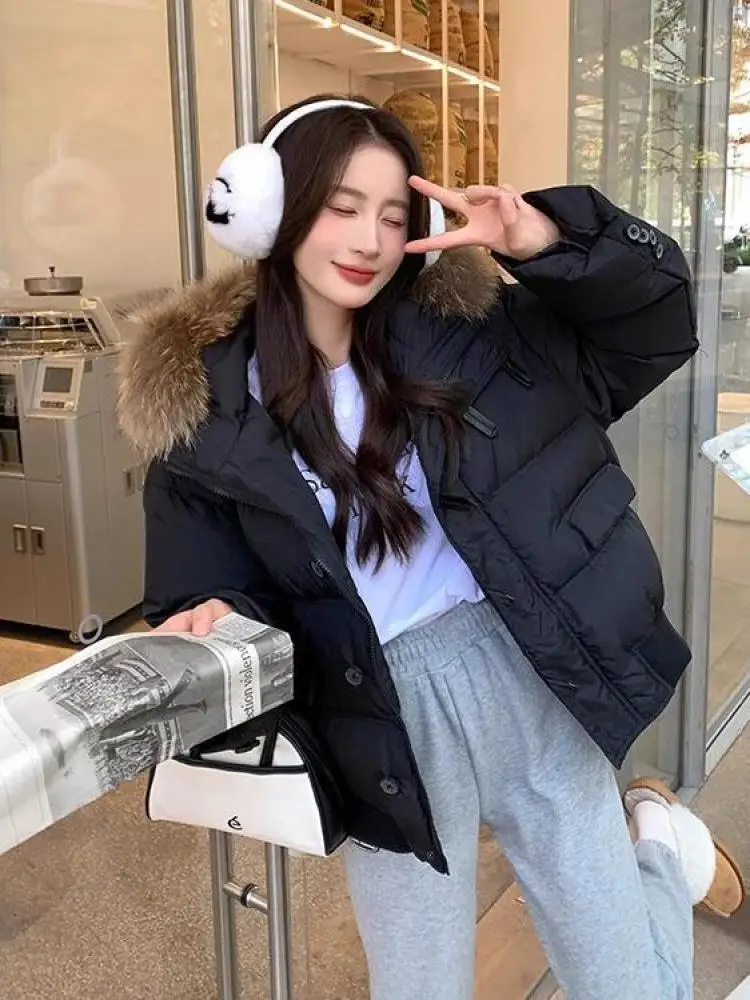 

Winter 2025 Black Beige Down Parkas Jacket Women Fashion Khaki Warm Single Breasted Cotton Coat Ladies Short Hooded Tops Thick