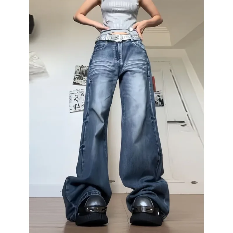 الأمريكية الرجعية شارع العليا واسعة الساق الجينز المرأة الصيف جديد عالية الخصر التخسيس فضفاض الطابق طول مستقيم الساق السراويل