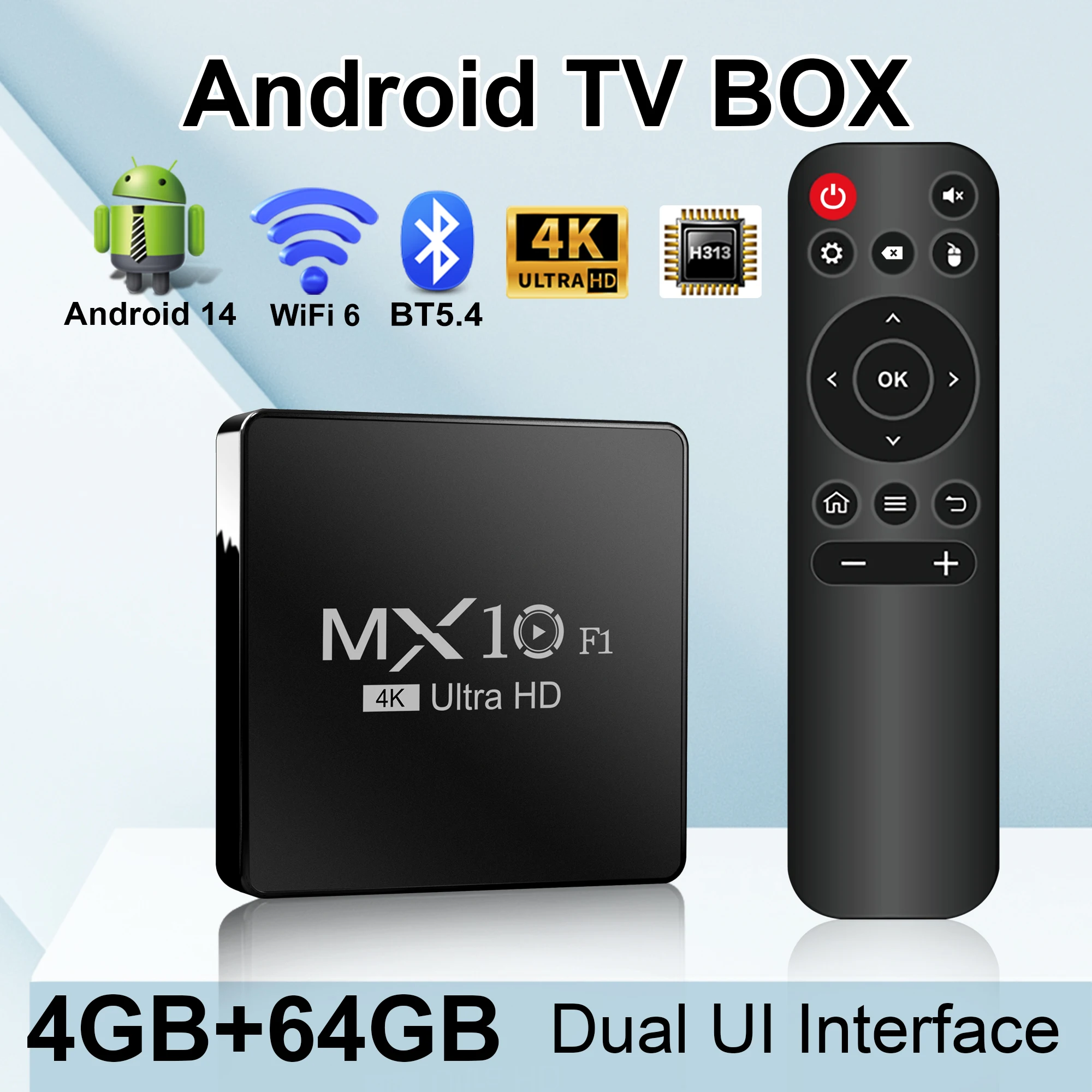 

MX10 F3 Android 14.0 TV Box with Dual Band WiFi High Quality 4K 4GB RAM 64GB Storage Smart Android Tv Box