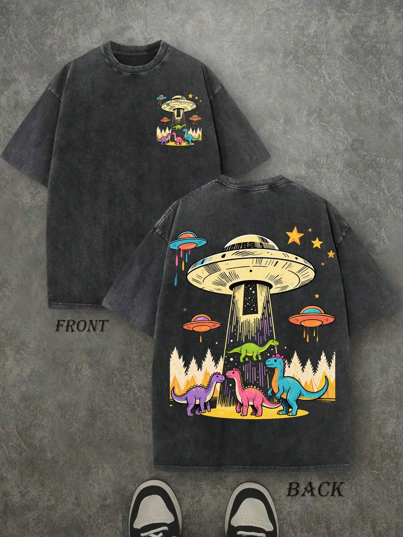 Washed - Vintage Washed Mint Green Nostalgic Science Fiction T-Shirt - Oversized Crew Neck Short Sleeve T-Shirt with UFO and Dinosaur Prints, 230g Cotton Shirt, Suitable for Daily Leisure, Summer Adventure, Gift for Space and Dinosaur Lovers