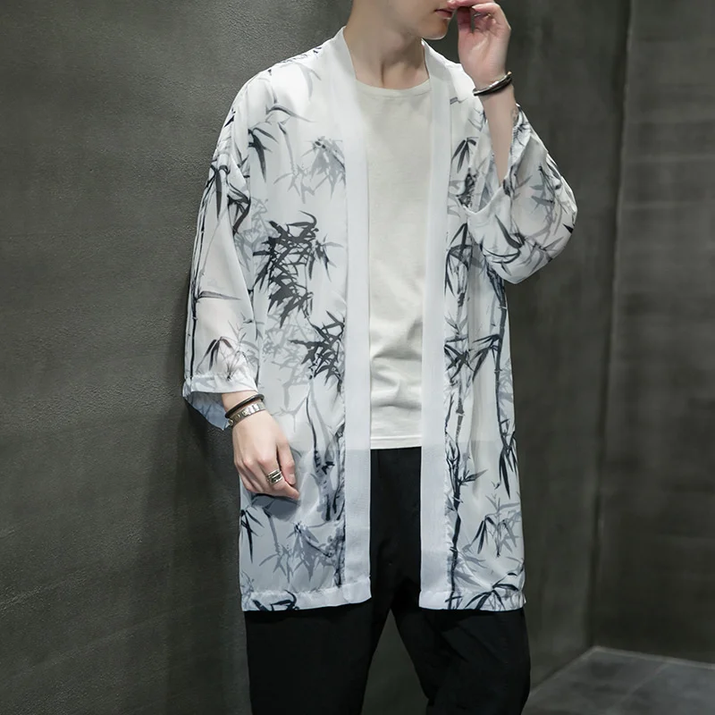 #4235 Summer Vintage Printed Jacket Men Loose Cardigan Long Cotton Linen Coat Plus Size 5XL Thin Sunscreen Jacket Man Retro