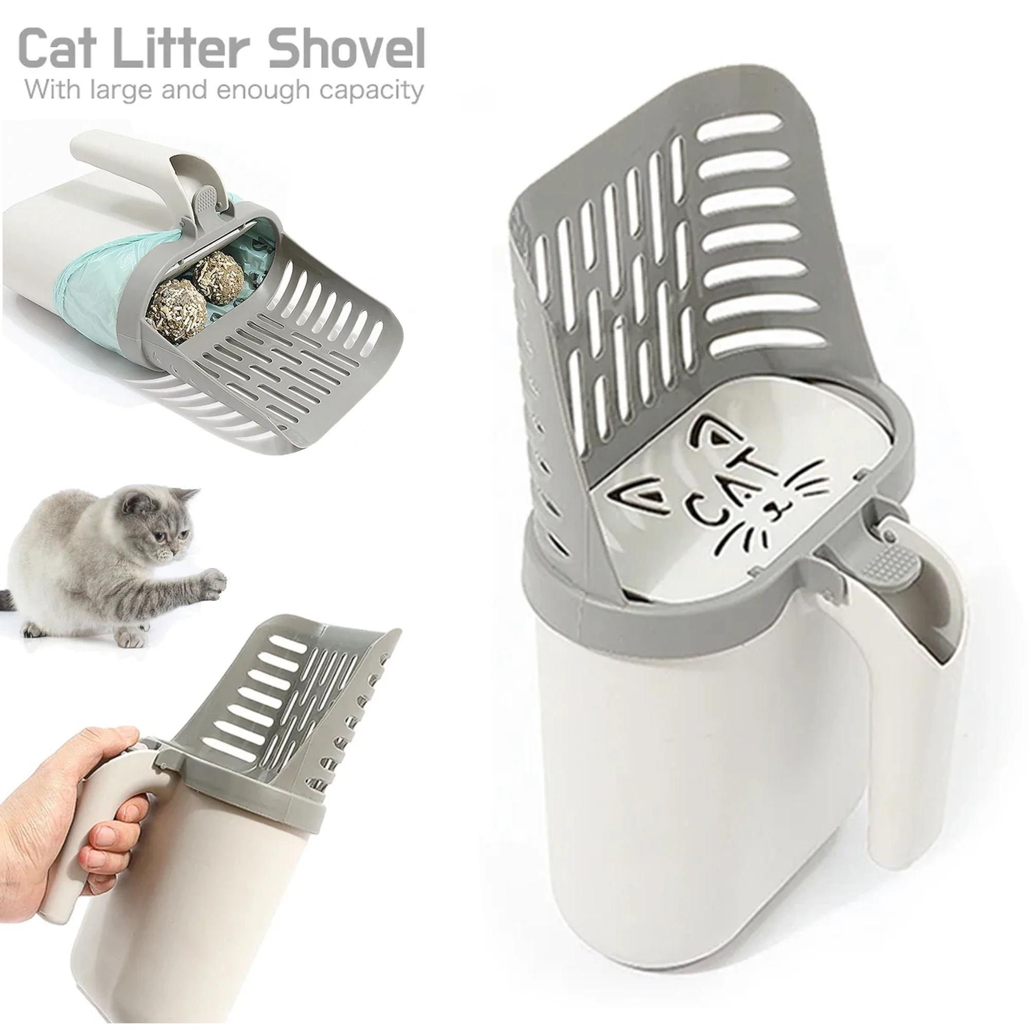2 in 1 Detachable Shovel Sand Cats Toilet with Auto Baffle Set Kitten Cleaning Shovel Sand Litter Scoop Pickup Bag Cat Supplies