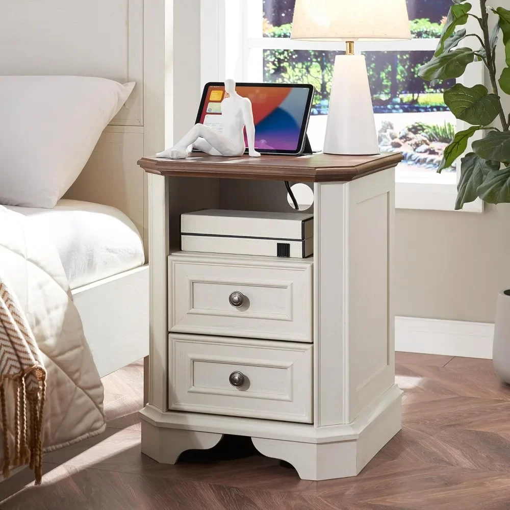 

Farmhouse Nightstand with Charging Station End Table with Drawers Wood Side Table Bedside Cabinet for Bedroom