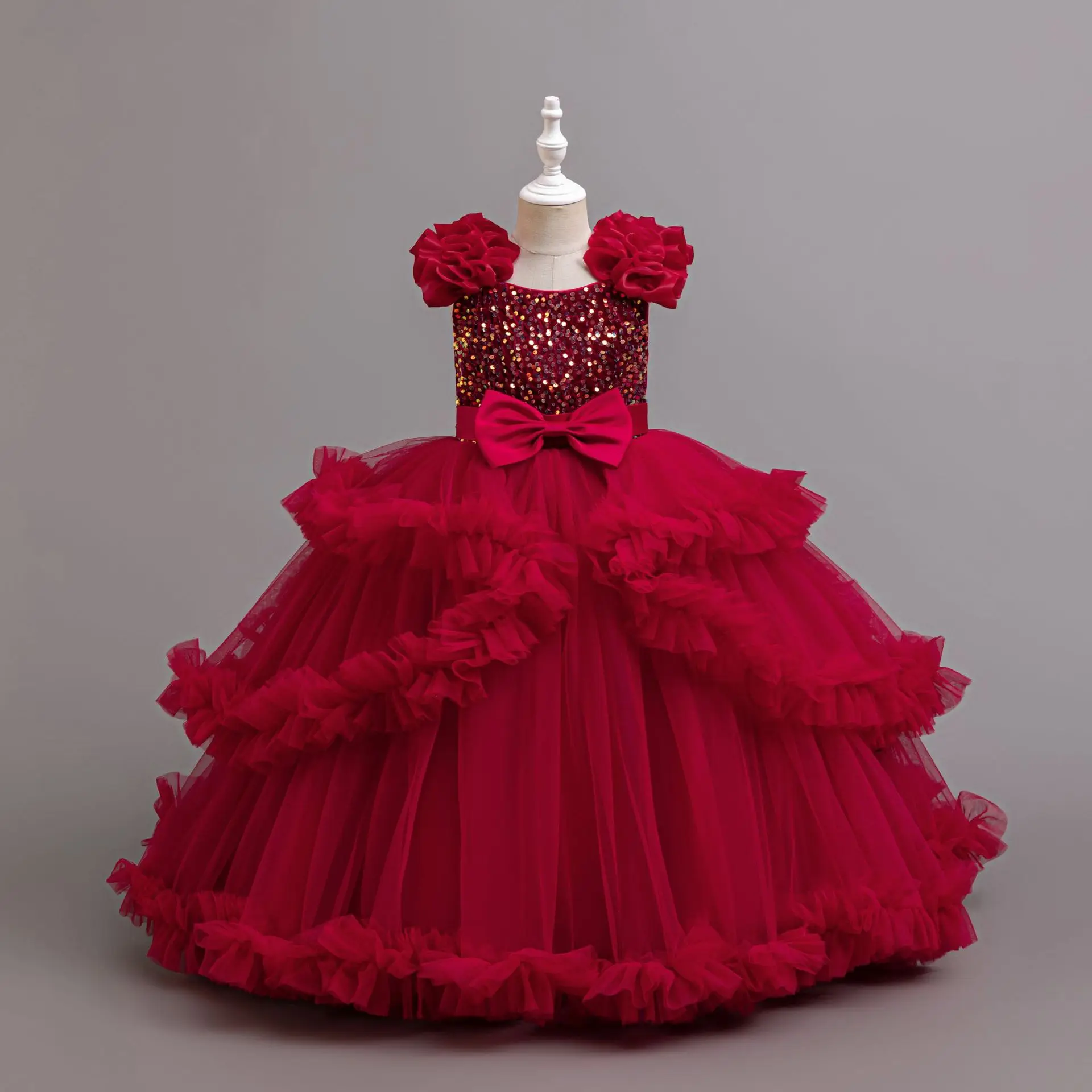 Red glitter Christmas party Dress for girls Elegant girls Birthday party dress Flower girl Wedding sheer long dress