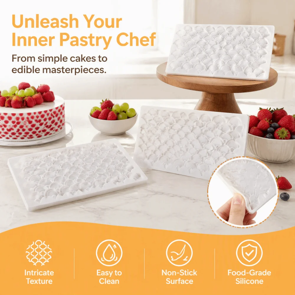 Reusable Silicone Cake Texture Mold Non-Stick Grey Fondant Texture Mat Fish Scale Pattern Silicone Cake Mold Baking DIY
