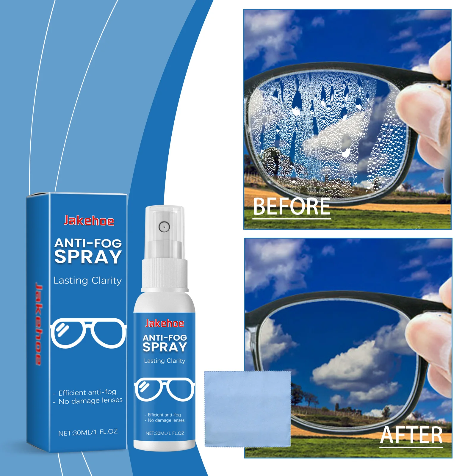 JAKEHOE glasses anti-fog cleaning spray, glasses anti-fog clear vision cleaning lens maintenance spray
