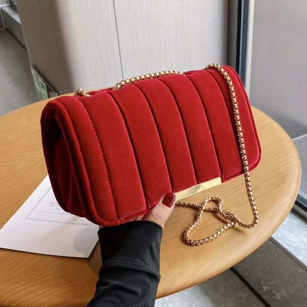 Stylish Velvet Women Crossbody Bag Faux Leather Lining Chain Strap Elegant Shoulder Bag Plaid Pattern Velvet Bag for Various
