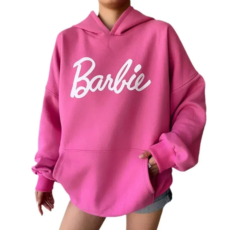 Barbie Casual Pink Letter Print Loose Hooded Sweatshirt Anime Hoodie Hip-hop Versatile Girls\' Tops with Long Sleeves Inner Wear