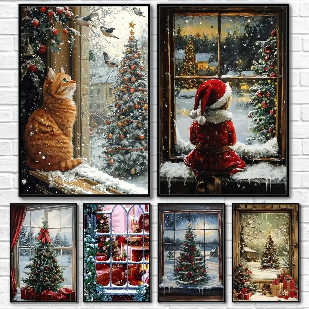

Christmas Window Snow Poster Home Living Bed Room Bar Hallway Sticky Wall Art Printing Waterproof Aesthetic Decor
