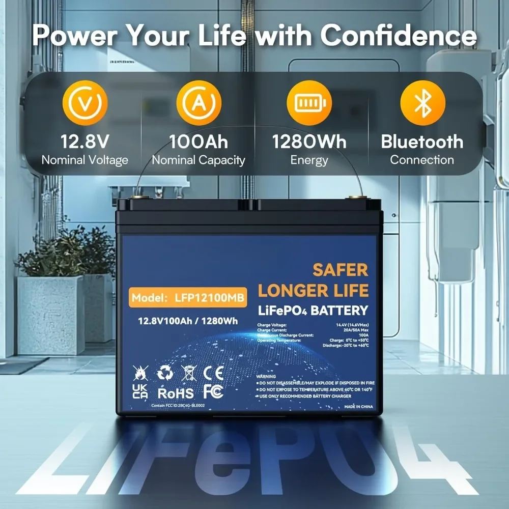 Group 24 Bluetooth LiFePO4 Battery, Cycle Lithium Battery, Built-in 100A BMS, Up to 15000 Cycles, Perfect for RV, Solar System