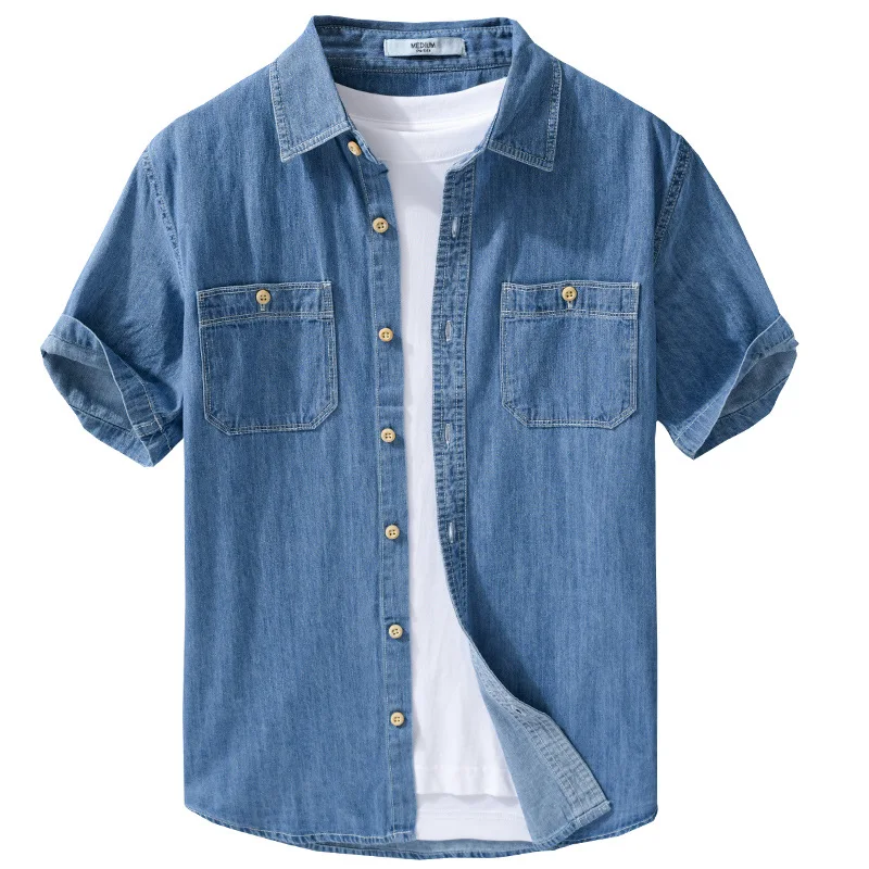 BOWEYLUN Camisa jeans casual de manga curta 100% algodão para homens, blusa jovem de cor sólida confortável e respirável