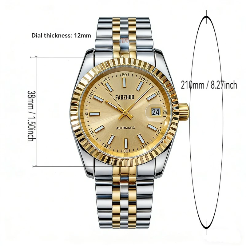 FARZHUO Automatic Watch Mechanical Women's Watches Sapphire Glass 10ATM Waterproof 18K Gold Plated Stainless Steel Luminous Dial