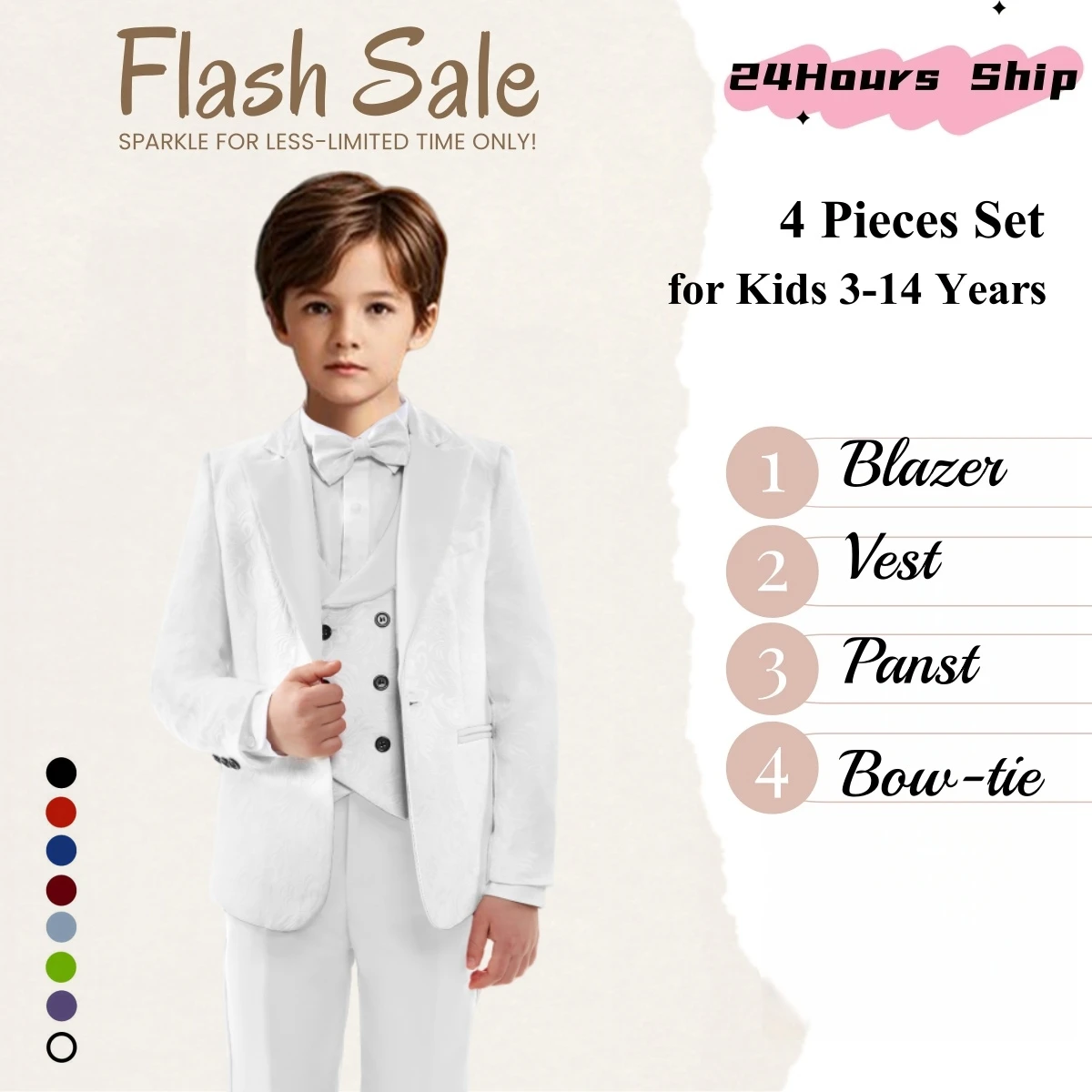 

White Paisley Suit Set for Kids 3T-14, 4 Pcs Formal Tuxedo Children Wedding Guest Ring Bearer Tuxedo Jacquard Jacket Pants Set