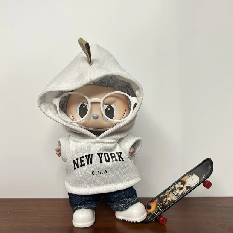 Labubu Doll Clothes 17cm New York Style Black White Hoodie Jeans Set With Glasses Dress Up Outfit For Blind Box Plush Figures