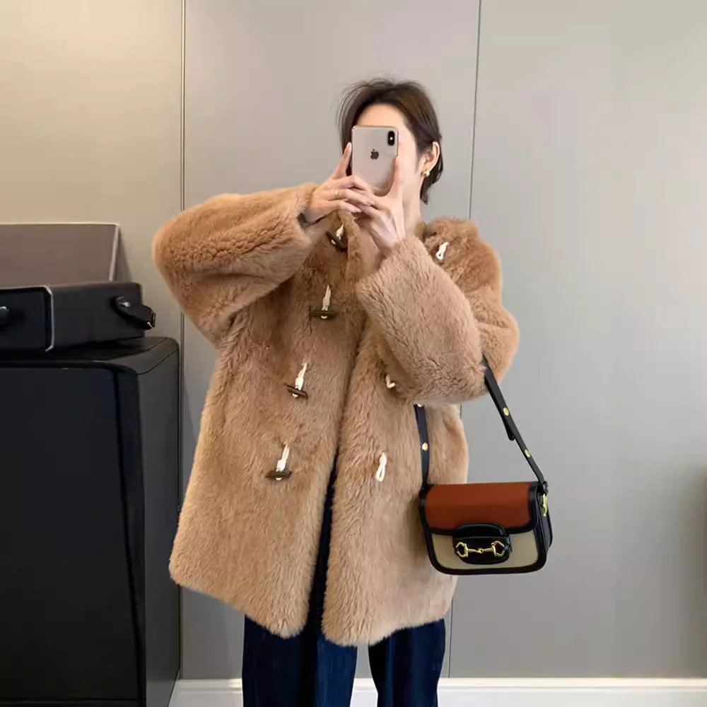 2024 Autumn and winter new Toka horn buckle medium long hooded sheep shearing fur coat fur integrated lamb fur grass coat