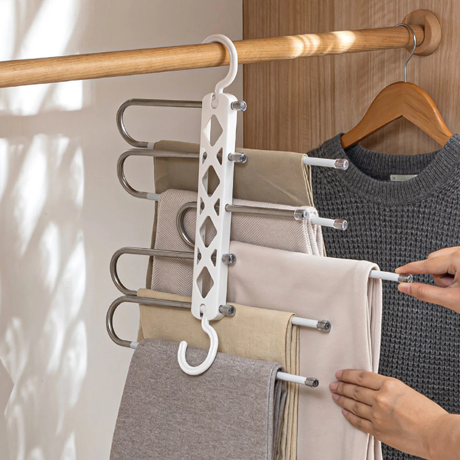 5-layer Household Pull-out Pants Rack 2 Hooks Space-Saving Trouser Rack for Bedroom Houseroom Laundry Room