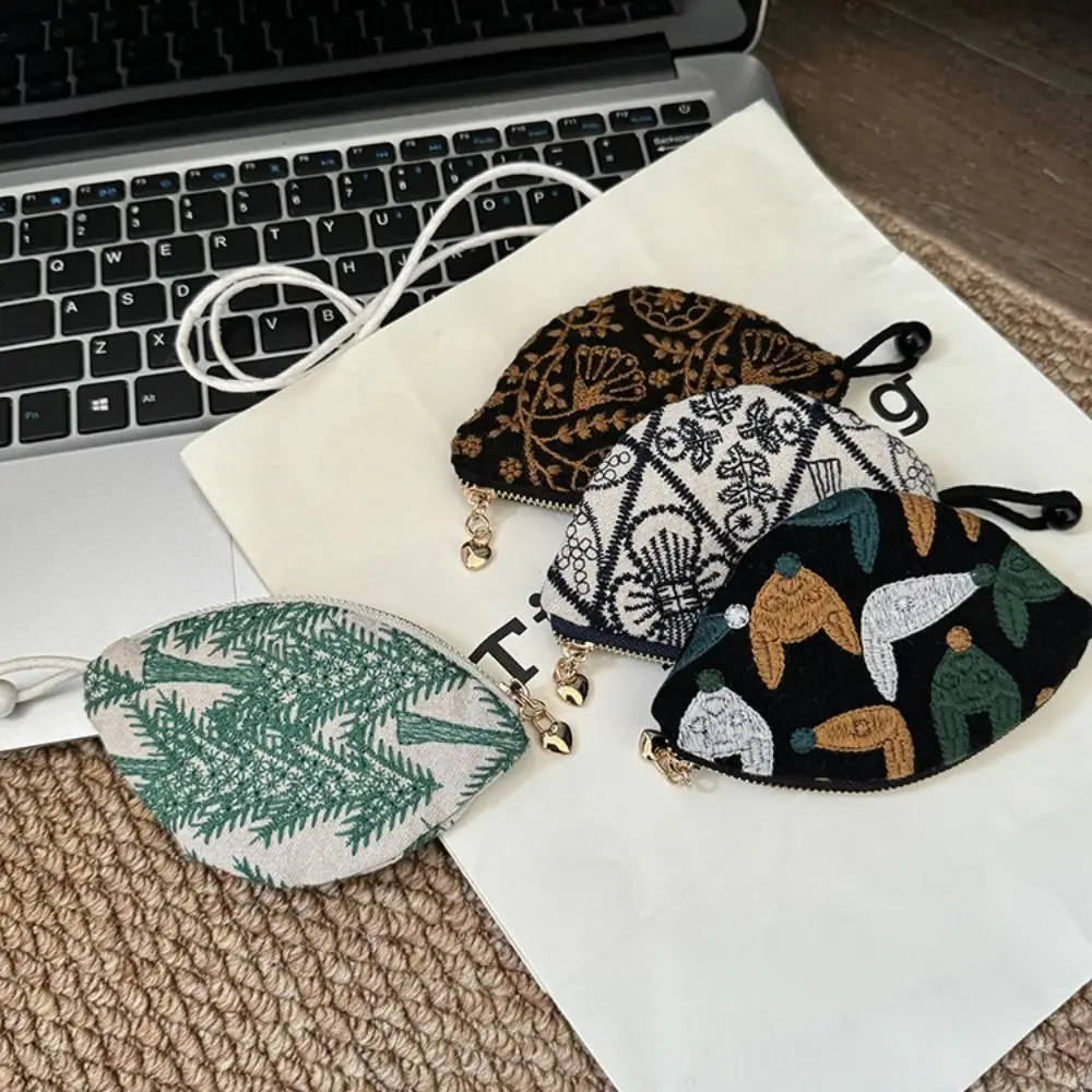 Portable Embroidered Mini Coin Purse Cotton Pouch Keychain Pendant Small Zipper Car Key Bag