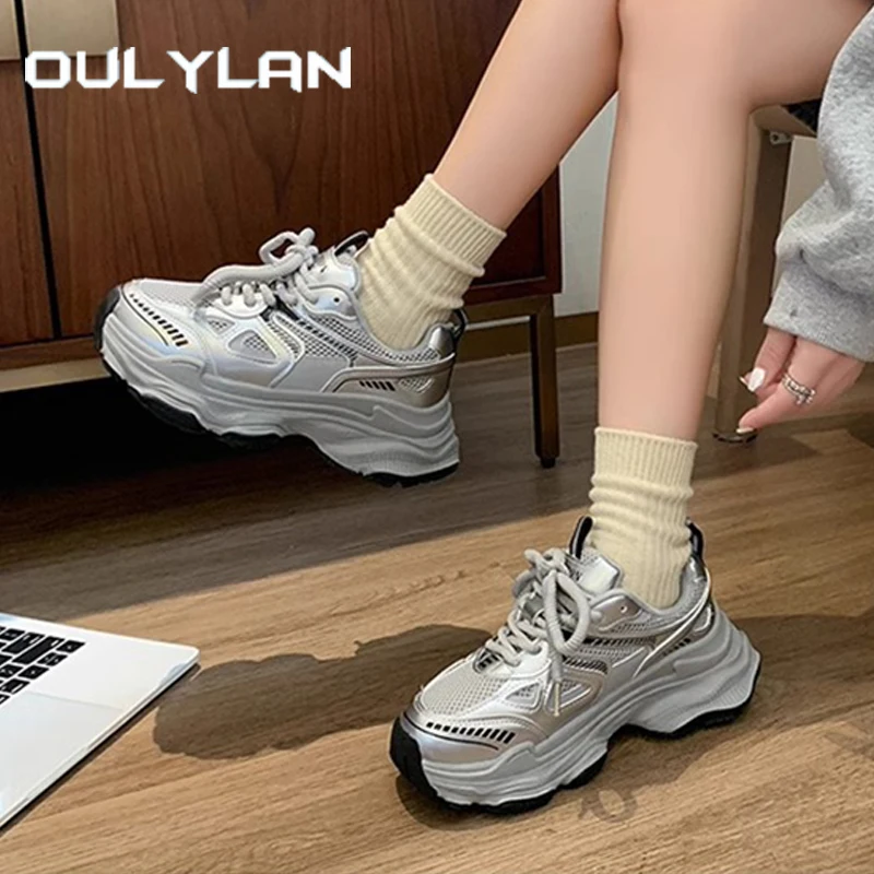 

Oulylan Thick Soled Antislip Casual Shoes Mixed Color Breathable Mesh Sneakers Wear Resistant Lace Up Runshoes for Women