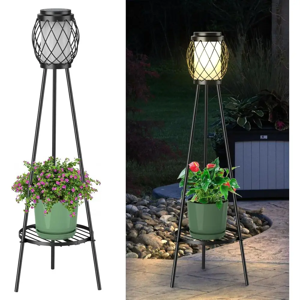 

2-in-1 Outdoor Lights with Plant Stand, Waterproof Vintage Floor Lamp and Metal Planter Holder, Tall Geometric Lantern Tripod fo