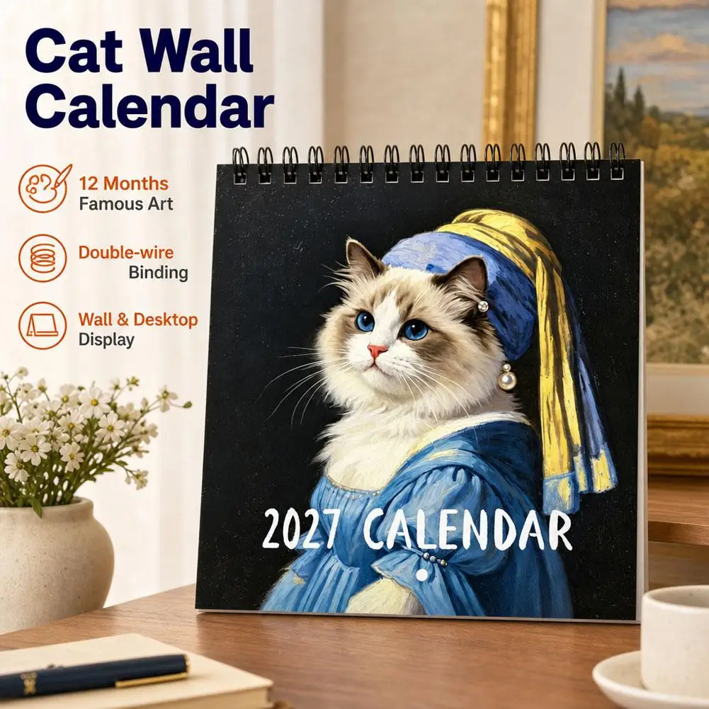2027 Pet Cat Art Calendar 12 Months Famous Painting Design Double Wire Binding Wall Desktop Hanging Planner Home Office Decor