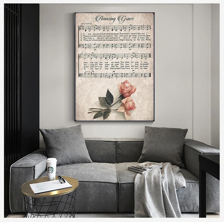 Rose Hymn Wall Art Canvas Painting Picture Christian Song Farmhouse Decor Amazing Grace Print Vintage Sheet Music Poster Antique