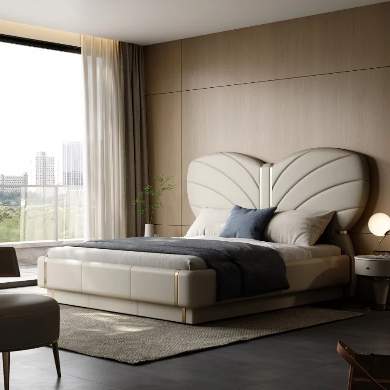 سرير جلدي فاخر وخفيف الوزن، مصمم غرفة نوم رئيسية للفيلا الراقية، سرير فراشة مزدوج السرير