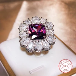 Luxury 925 Silver Brilliant Purple Square Master Zircon Ring Female Inlaid With Water Drop Full Diamond Ring Party Wedding Gift